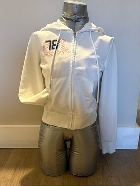White Zip-Up Hoodie with Embroidered Detail